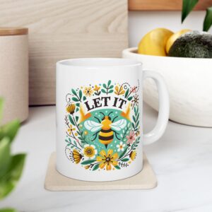 Let It Bee - Nature Inspired Bee and Flowers Art Ceramic Mug, 11oz.